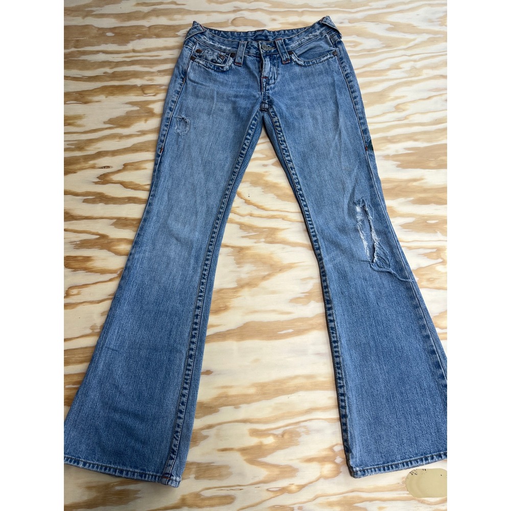 True Religion Bobby Embroidered Peacock Garden Jeans Light Wash Distressed 26